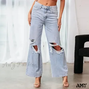 Amy Fashion - Fall High Waist Ripped New Blue Streetwear Casual Wide Leg Baggy Trendy Fashionable Denim Jean