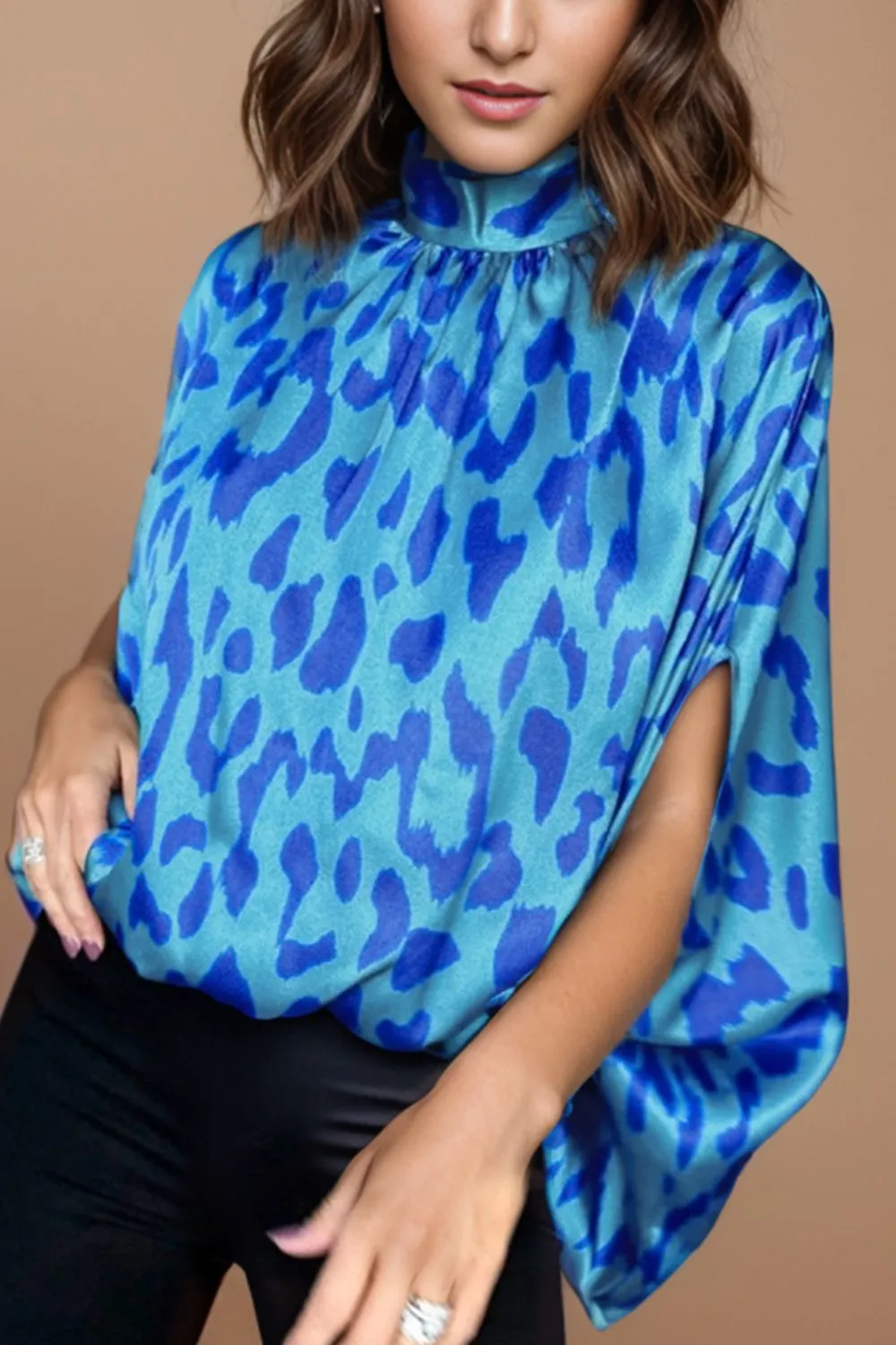 Animal Print Mock neck Shirt Women's Casual Blue Printed Turtleneck Half Sleeve Blouse