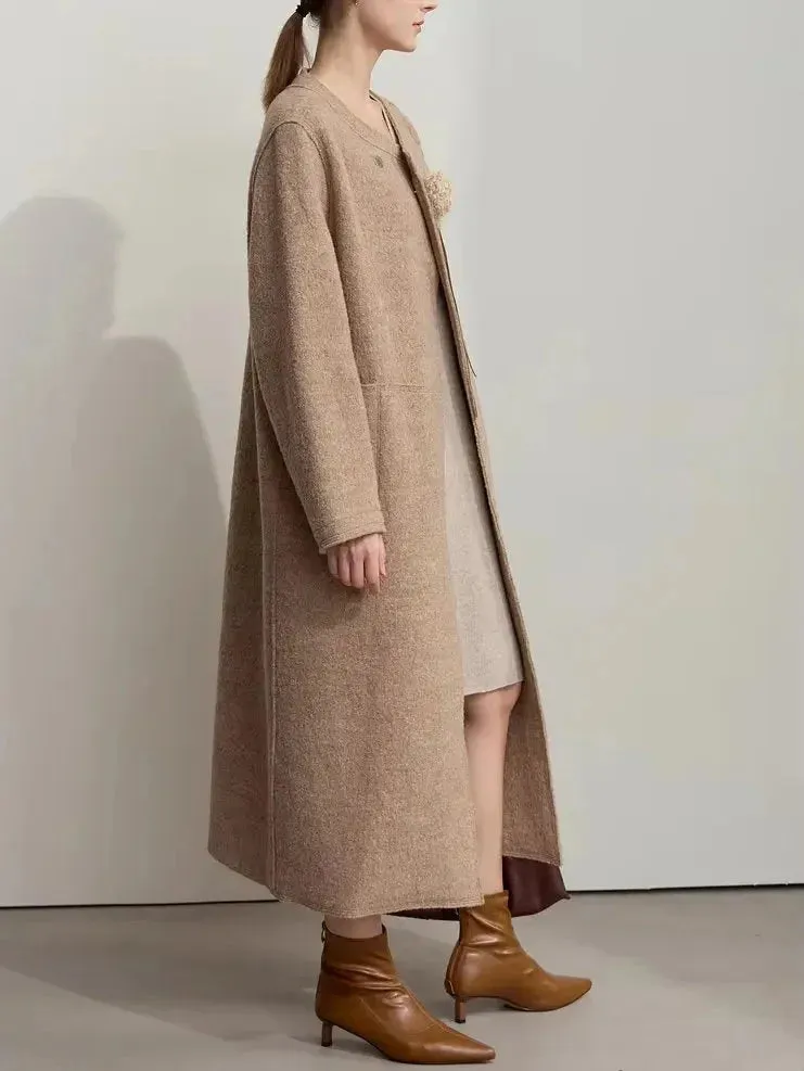 Asymmetrical-Closure Wool Coat with Removable Corsage