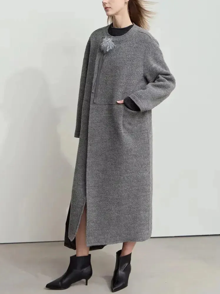 Asymmetrical-Closure Wool Coat with Removable Corsage