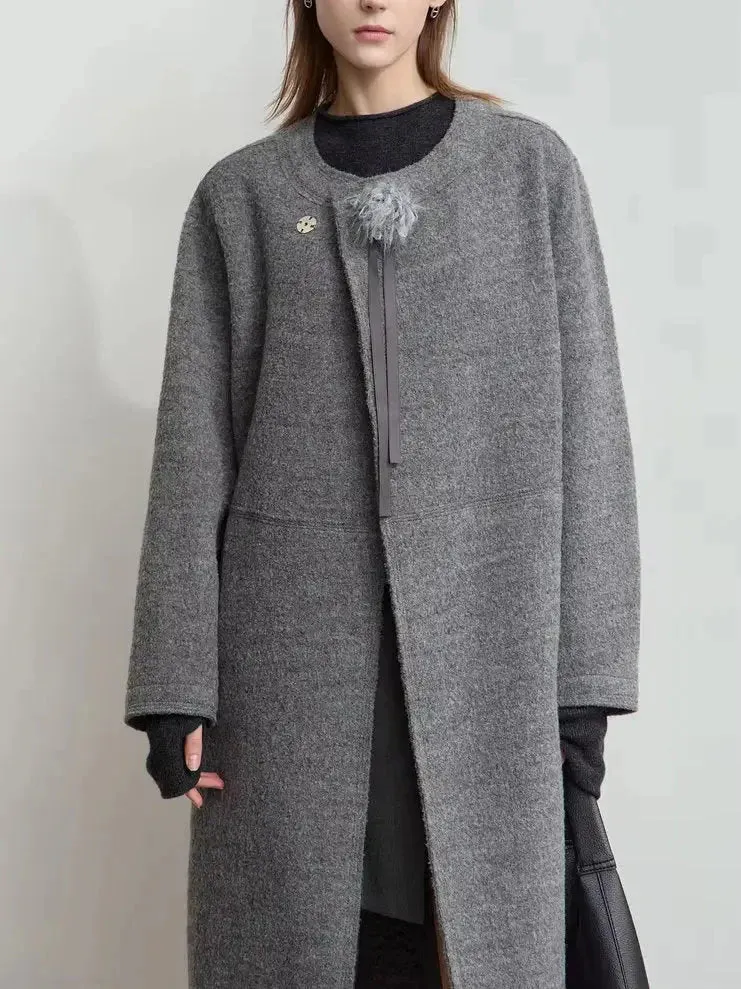 Asymmetrical-Closure Wool Coat with Removable Corsage