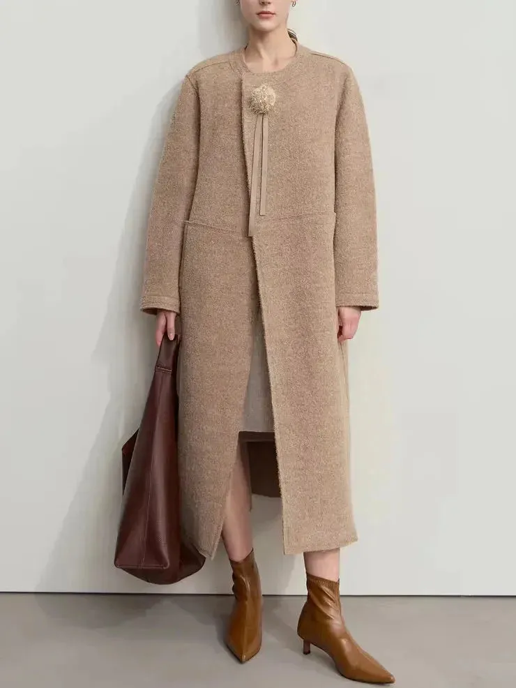 Asymmetrical-Closure Wool Coat with Removable Corsage