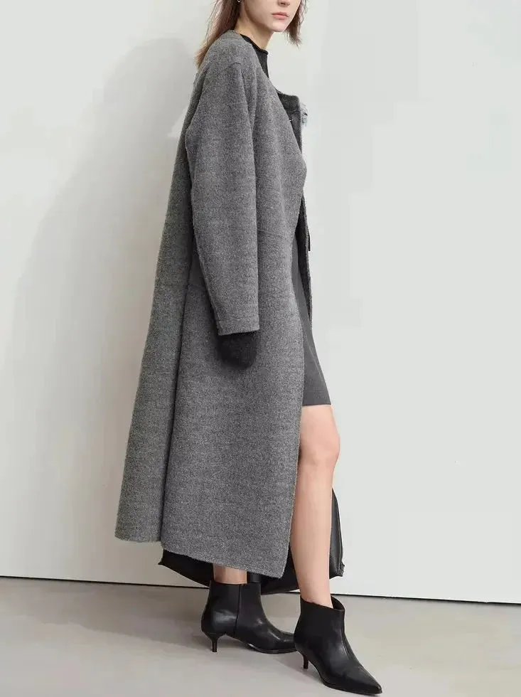 Asymmetrical-Closure Wool Coat with Removable Corsage