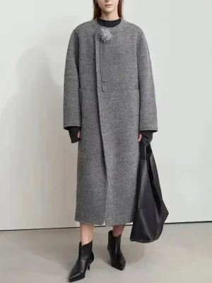 Asymmetrical-Closure Wool Coat with Removable Corsage