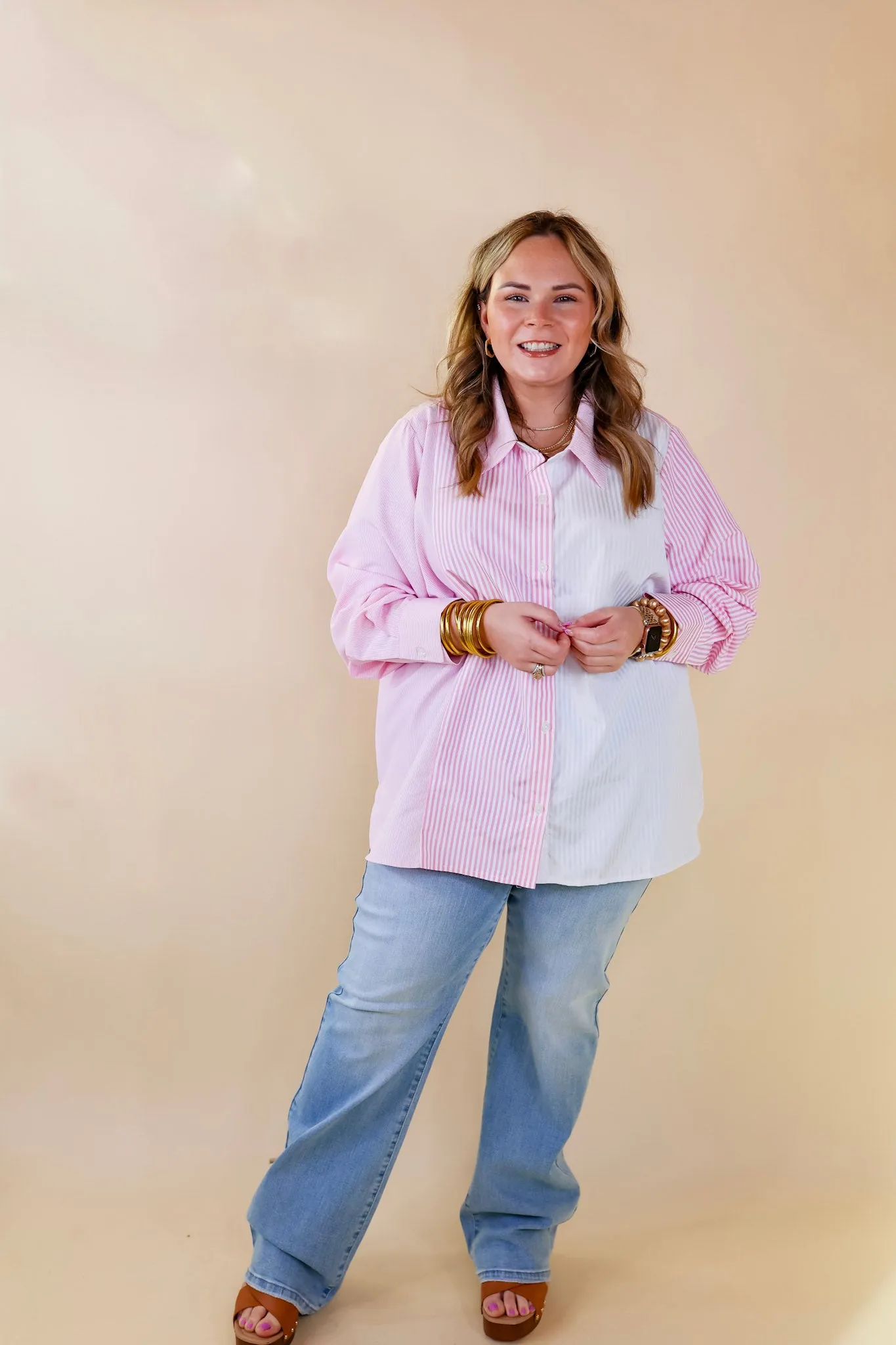 Back To You Pin Stripe Color Block Button Up Top in Pink and White