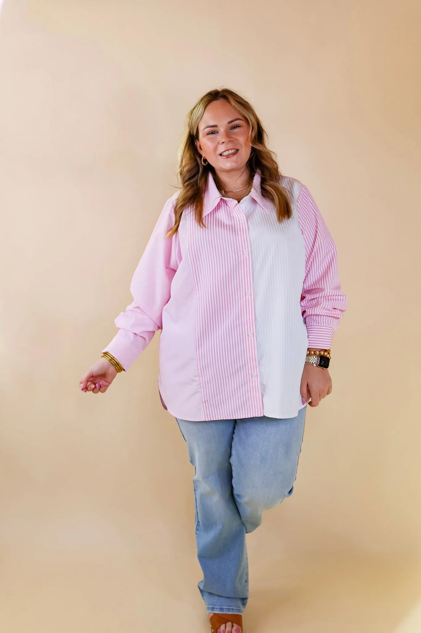 Back To You Pin Stripe Color Block Button Up Top in Pink and White