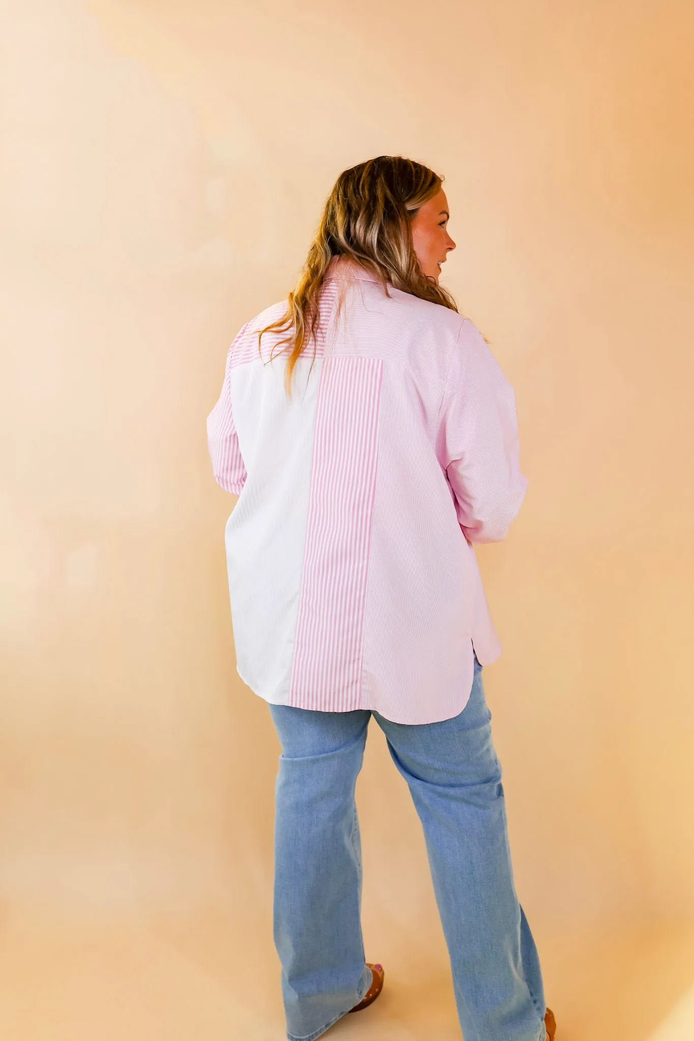 Back To You Pin Stripe Color Block Button Up Top in Pink and White