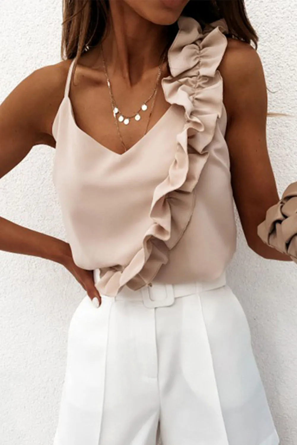 Beige Frilled Patchwork Spaghetti Strap V Neck Tank Top