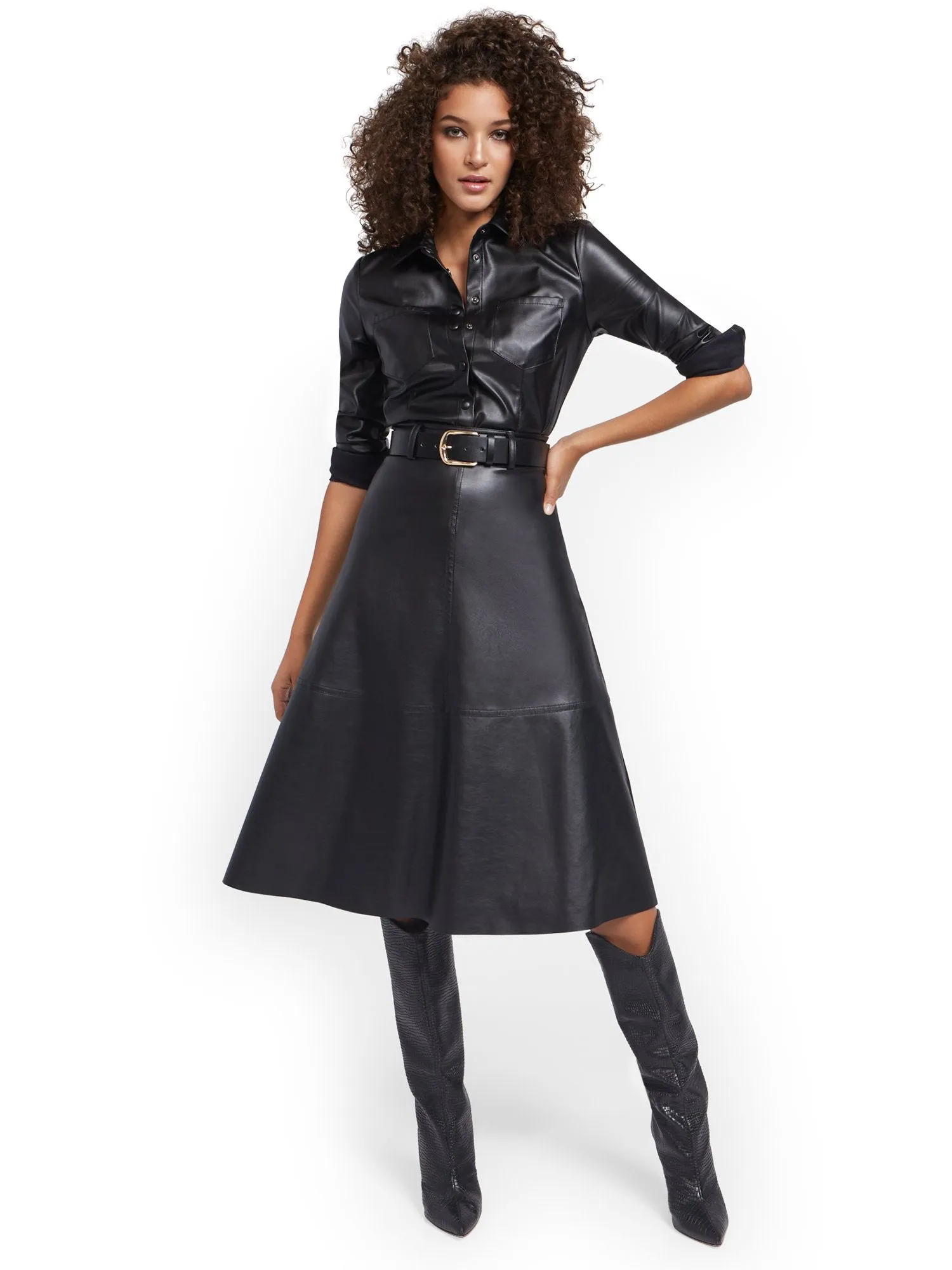 Belted Faux-Leather A-Line Skirt