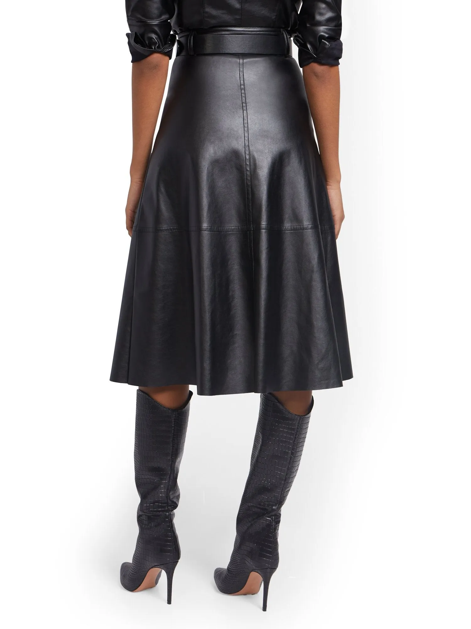 Belted Faux-Leather A-Line Skirt