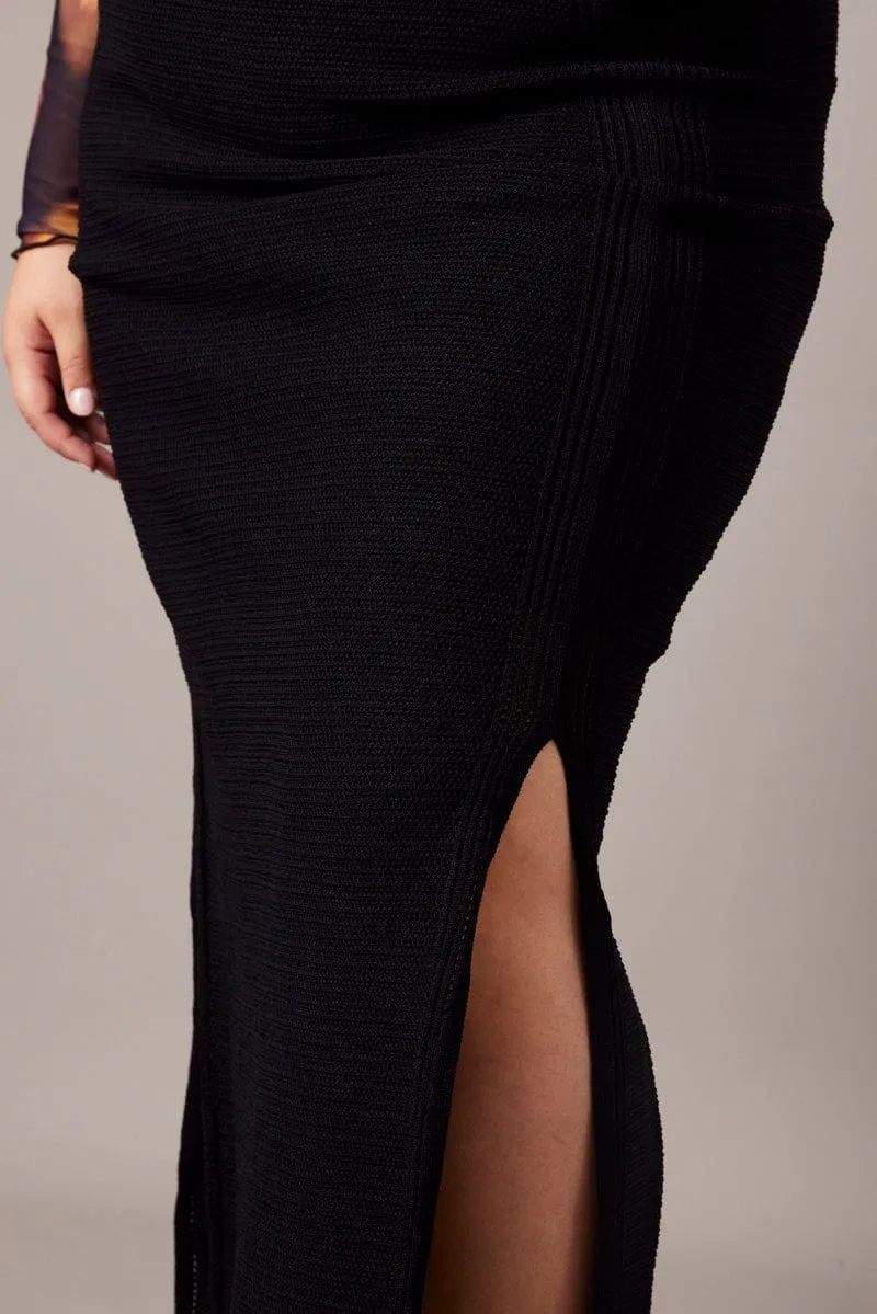 Black Double Split Knit Midi Skirt