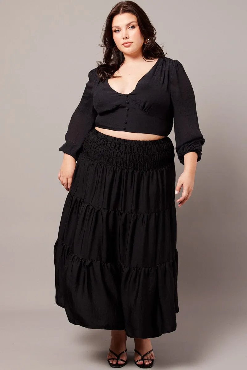 Black Shirred Waist Maxi Skirt