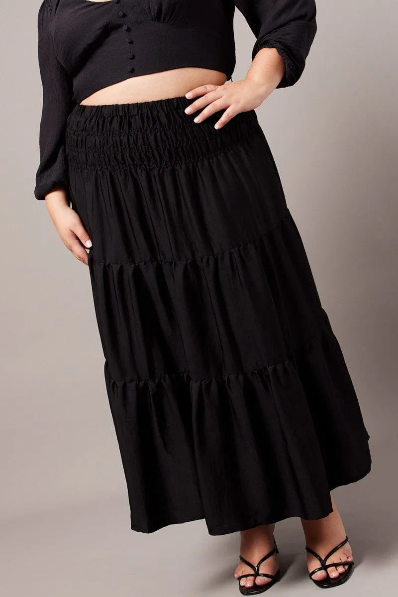 Black Shirred Waist Maxi Skirt