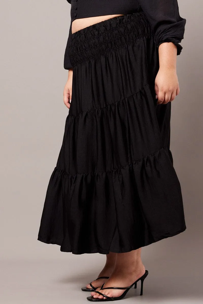 Black Shirred Waist Maxi Skirt