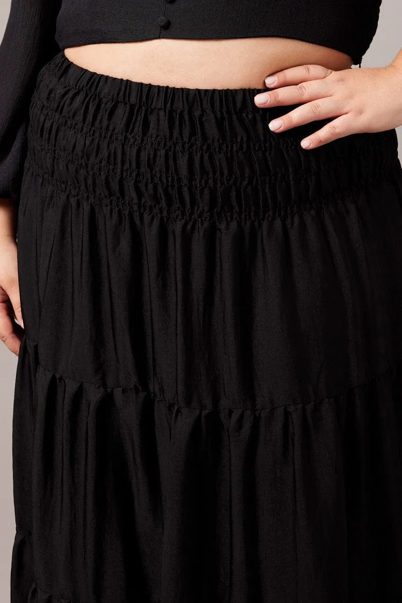 Black Shirred Waist Maxi Skirt