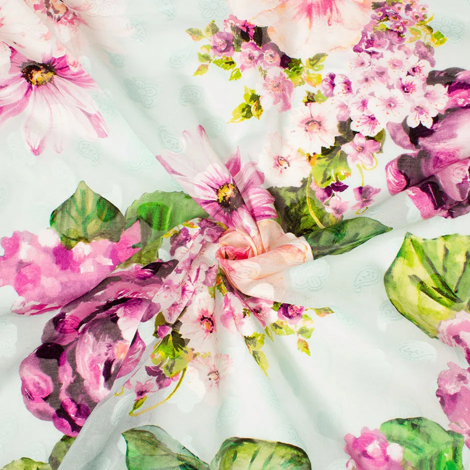 Bold Pink & Purple Floral Pale Aqua Cotton Voile Jacquard