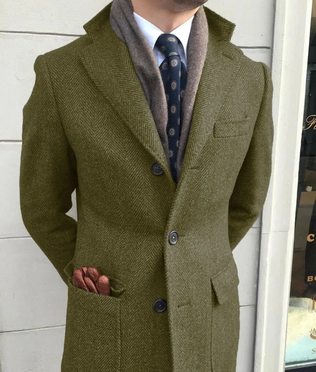 Classic Herringbone Tweed Wool Coat