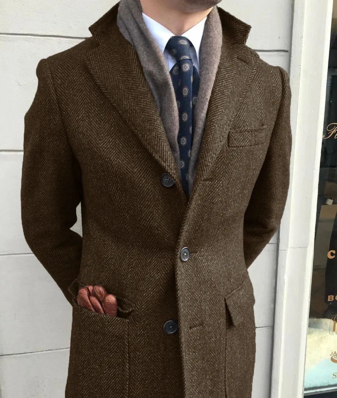 Classic Herringbone Tweed Wool Coat