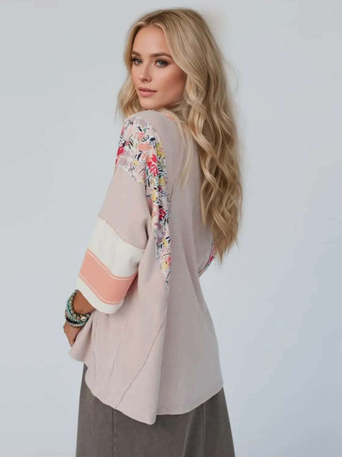 Color Block Printed Three-Quarter Sleeve Top