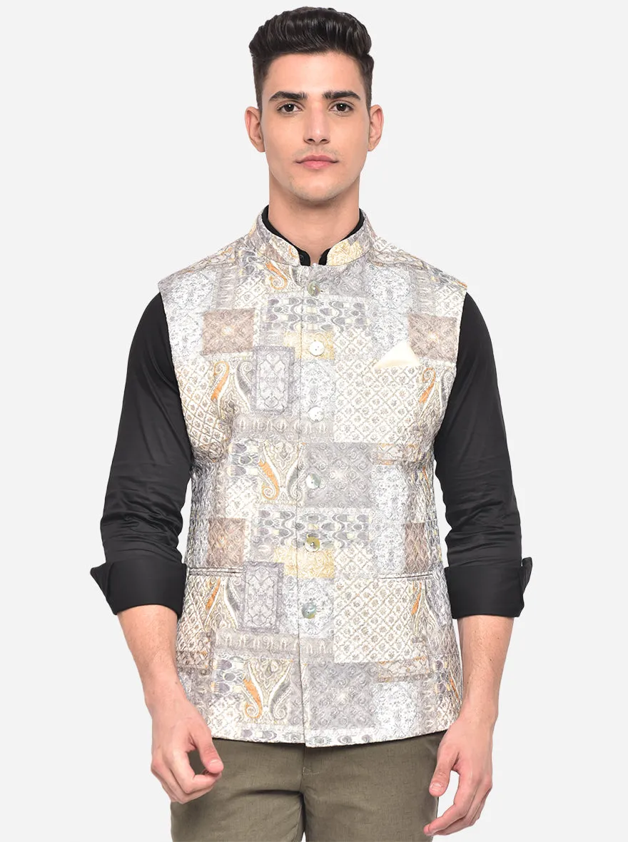 Cream Pista Grey Printed Bandhgala Jacket | JB Studio