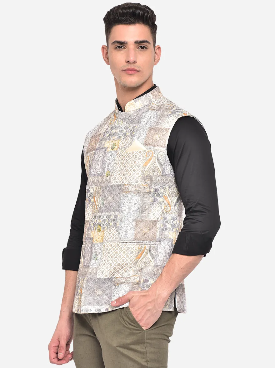 Cream Pista Grey Printed Bandhgala Jacket | JB Studio