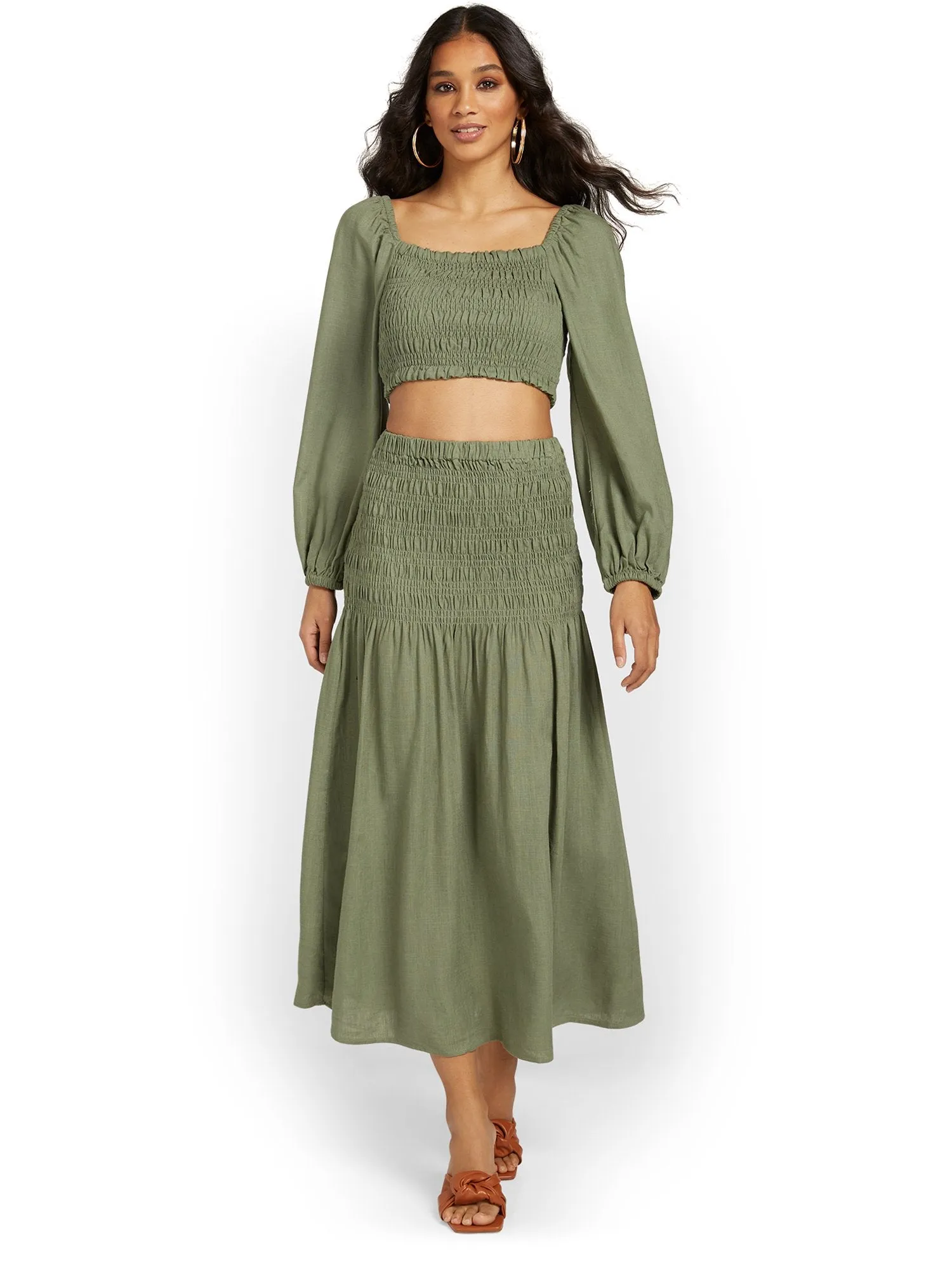 Crescent 2-Piece Smocked Long-Sleeve Crop Top & Maxi Skirt Set - Brands We Love