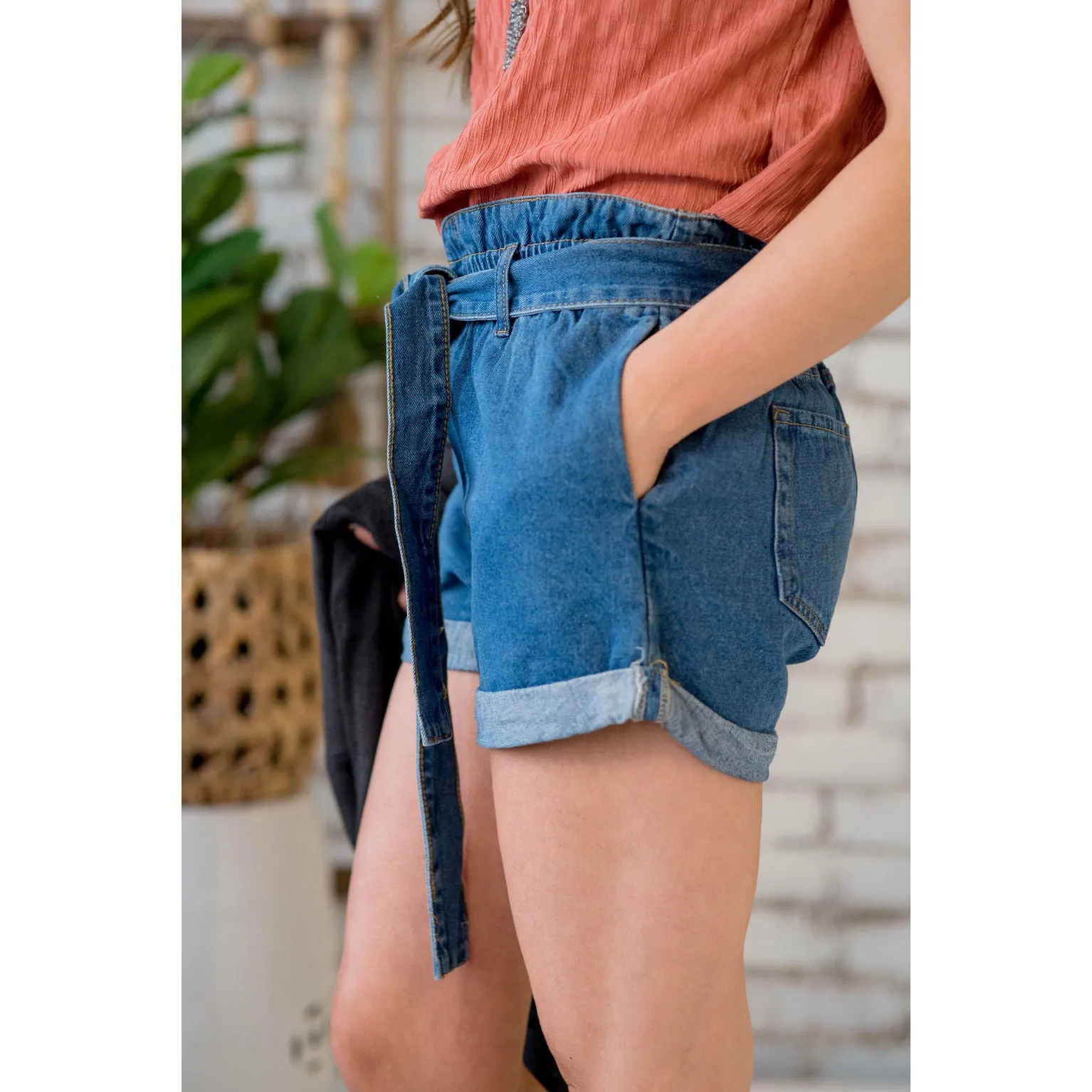 Denim Tie Top Paper Bag Shorts