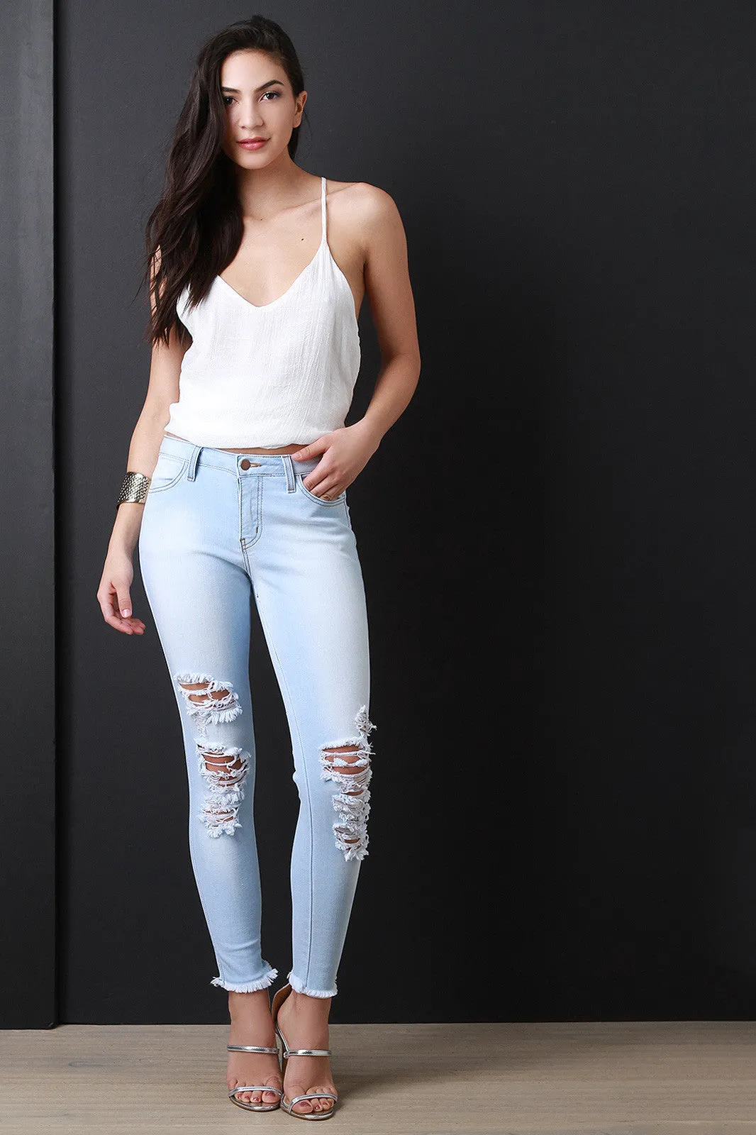 Distressed Light Stone Wash Low Rise Jeans