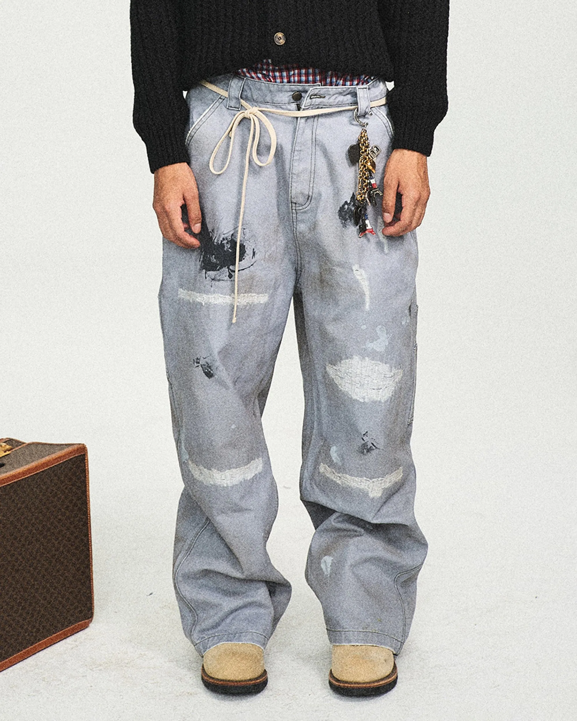 Distressed Spliced Wide-Leg Jeans