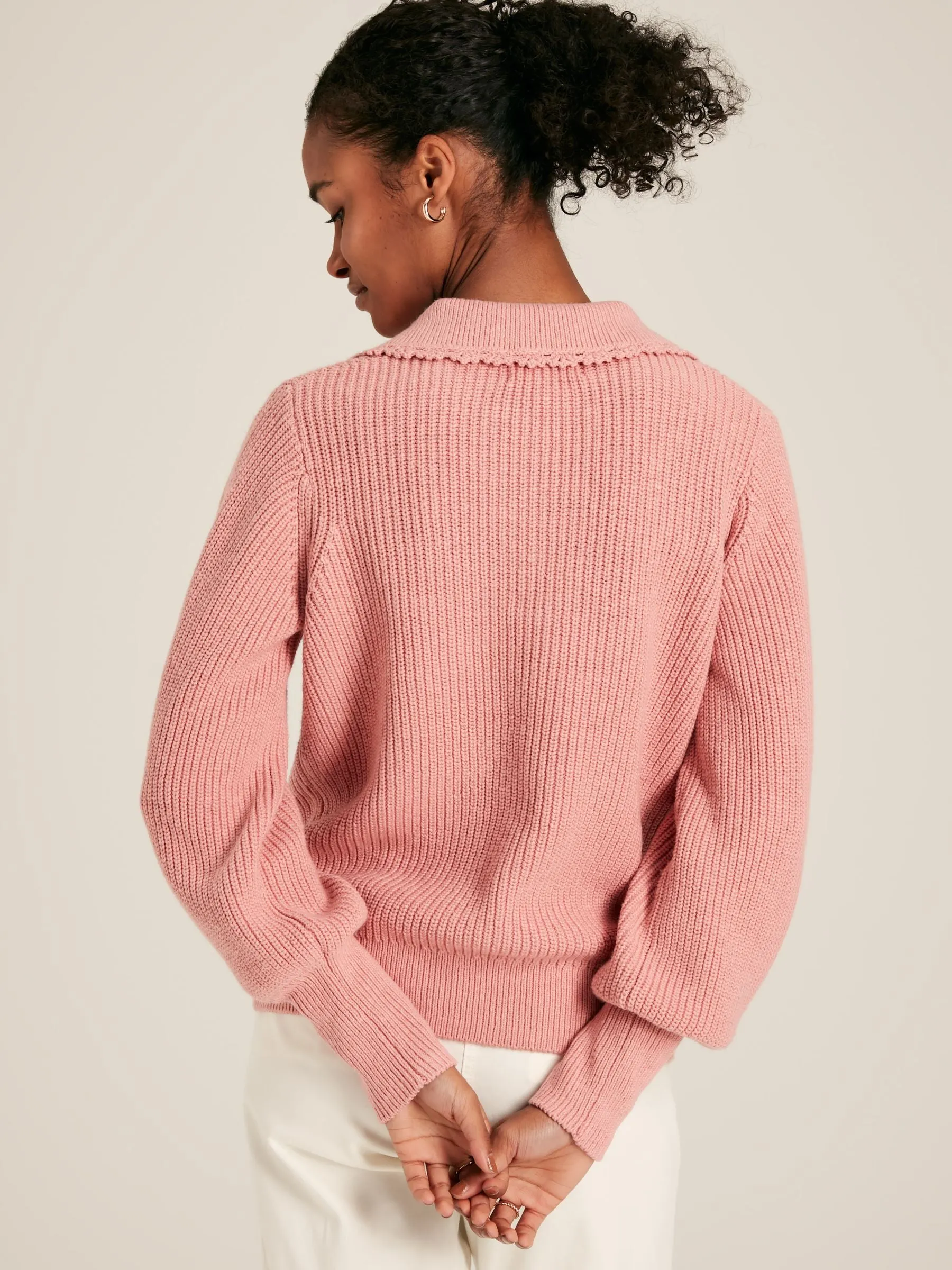 Evangeline Pink Ribbed Jumper with Crochet Collar