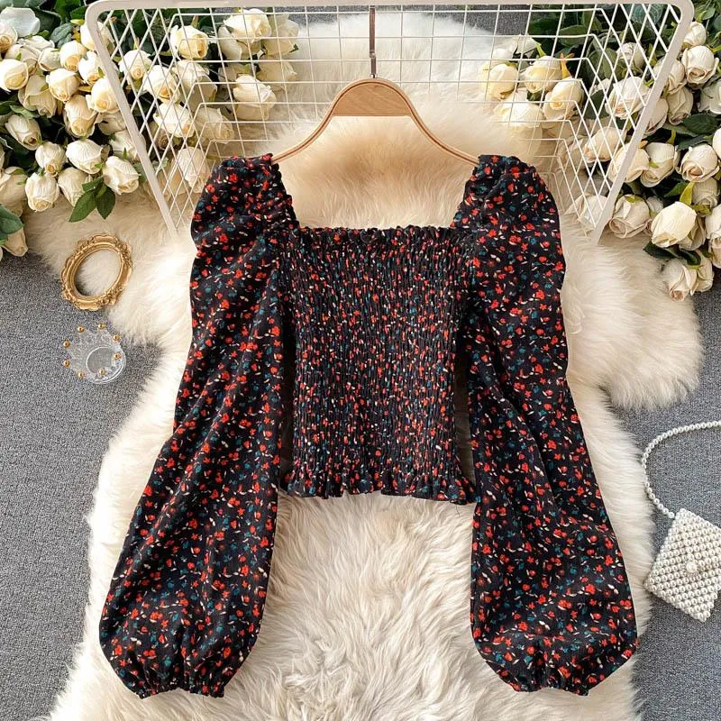 Fashion Puff Sleeve Retro Square Neck Floral Cropped Top