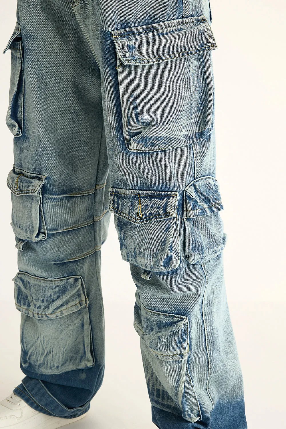 Heavy Wash Dunked Denim Cargo Jeans