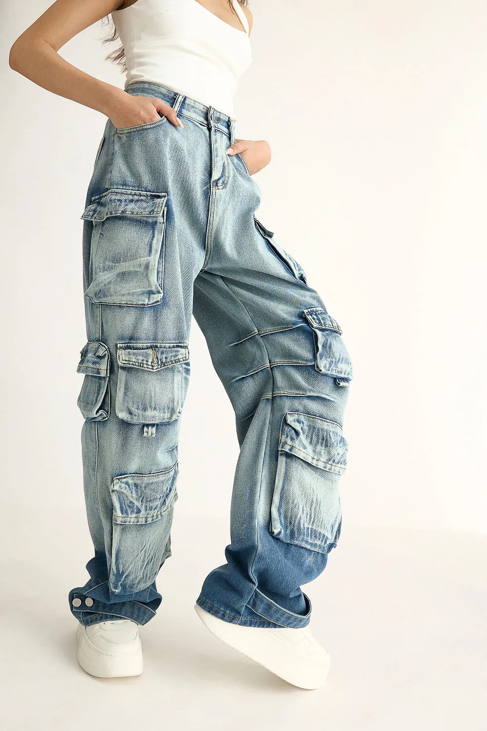 Heavy Wash Dunked Denim Cargo Jeans