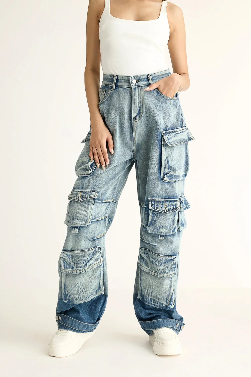 Heavy Wash Dunked Denim Cargo Jeans