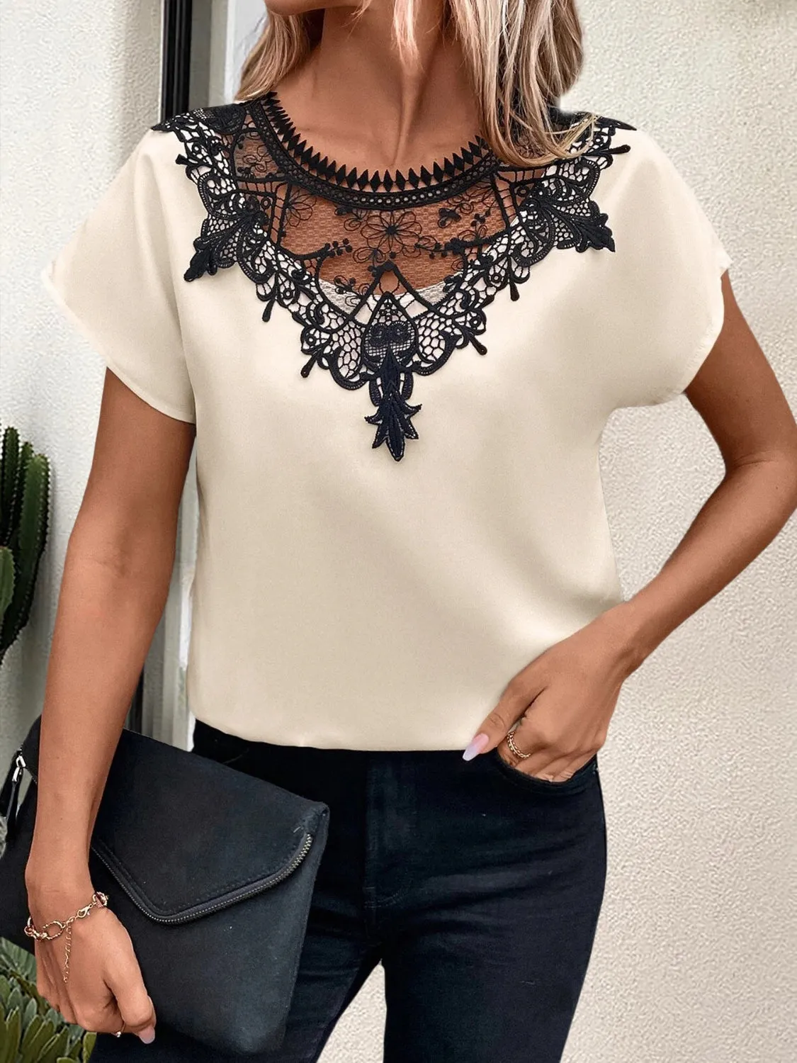 Lace Detail Round Neck Short Sleeve Blouse