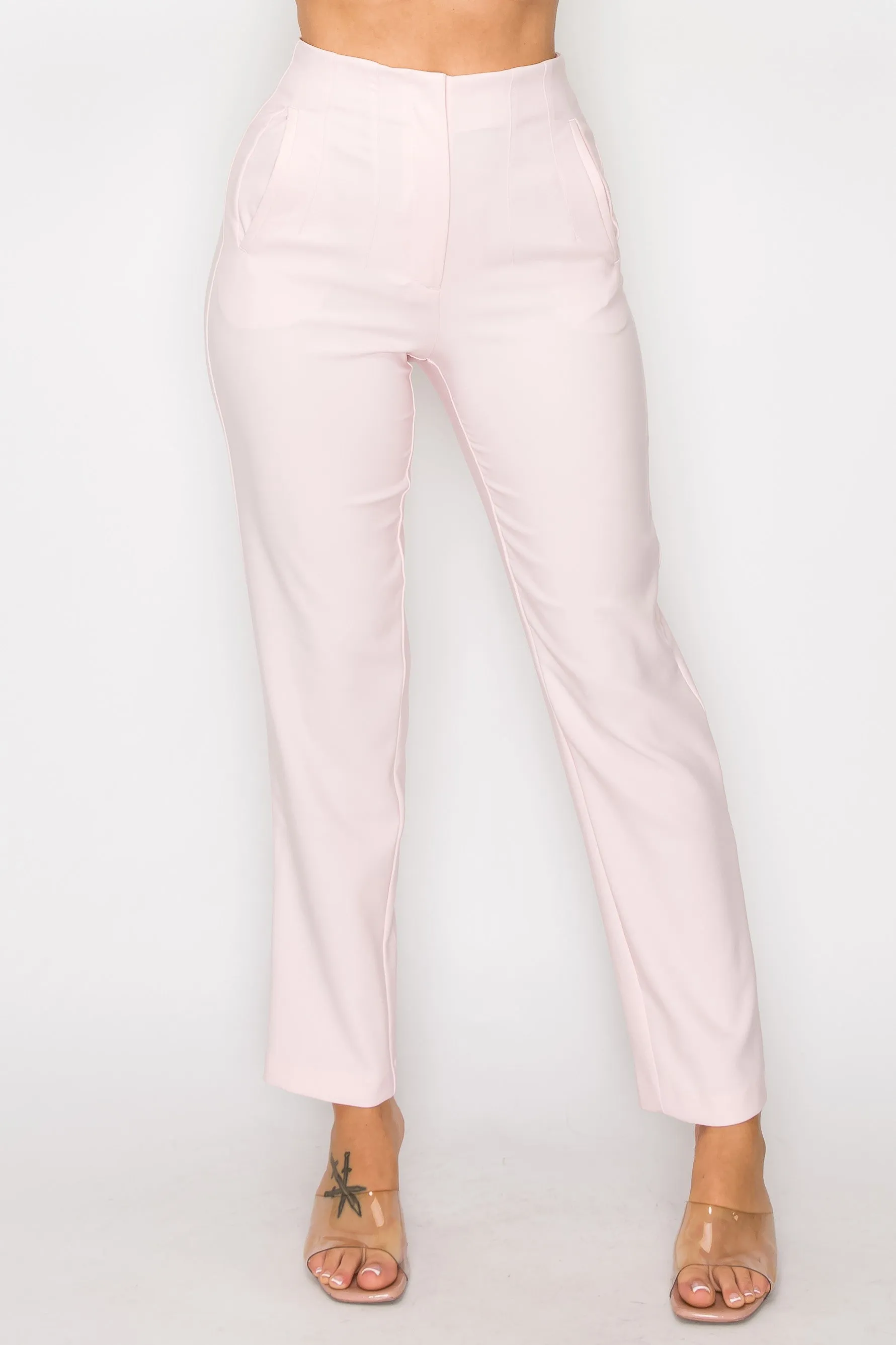 Light Pink Solid High Waist Dress Pants