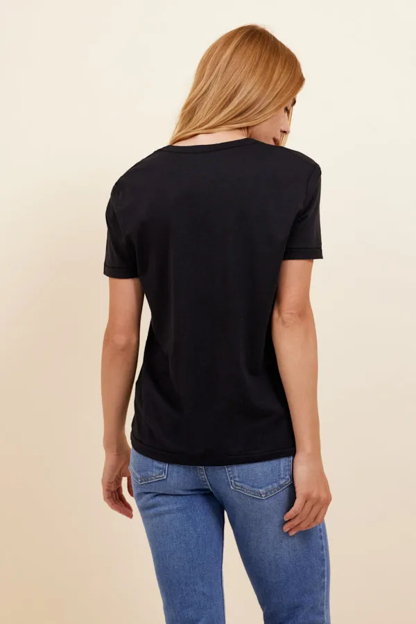 Majestic Lyocell Cotton Semi Relaxed Short Sleeve V-Neck in Noir