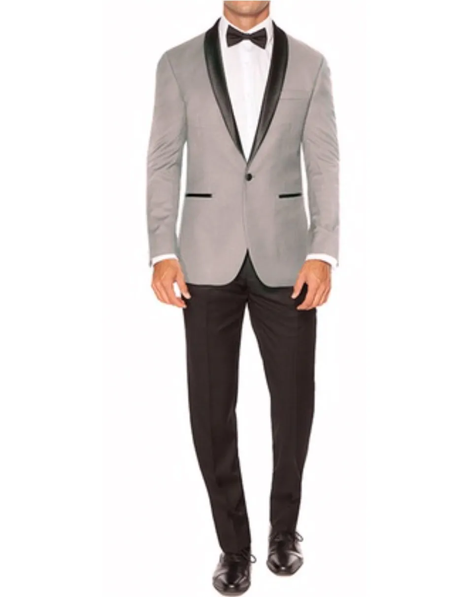 Mens Slim Fit 1 Button Shawl Dinner Jacket in Light Grey