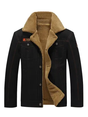 Men's Solid Color Appliques Button Up Plush Jacket Coat