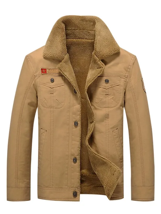 Men's Solid Color Appliques Button Up Plush Jacket Coat