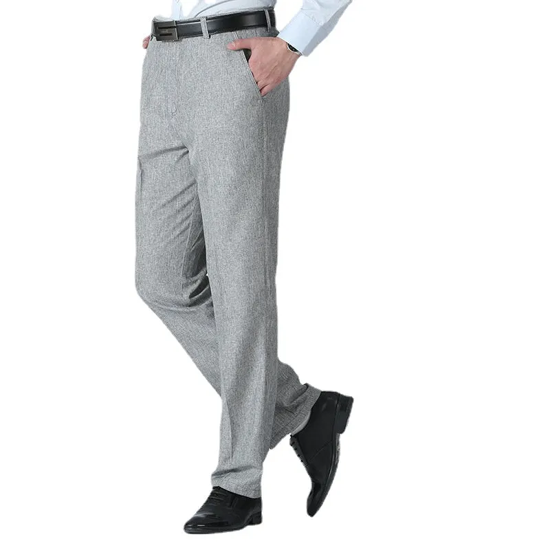 Men's Summer Breathable Linen Casual Pants Solid Color Middle Aged Loose Straight Trousers