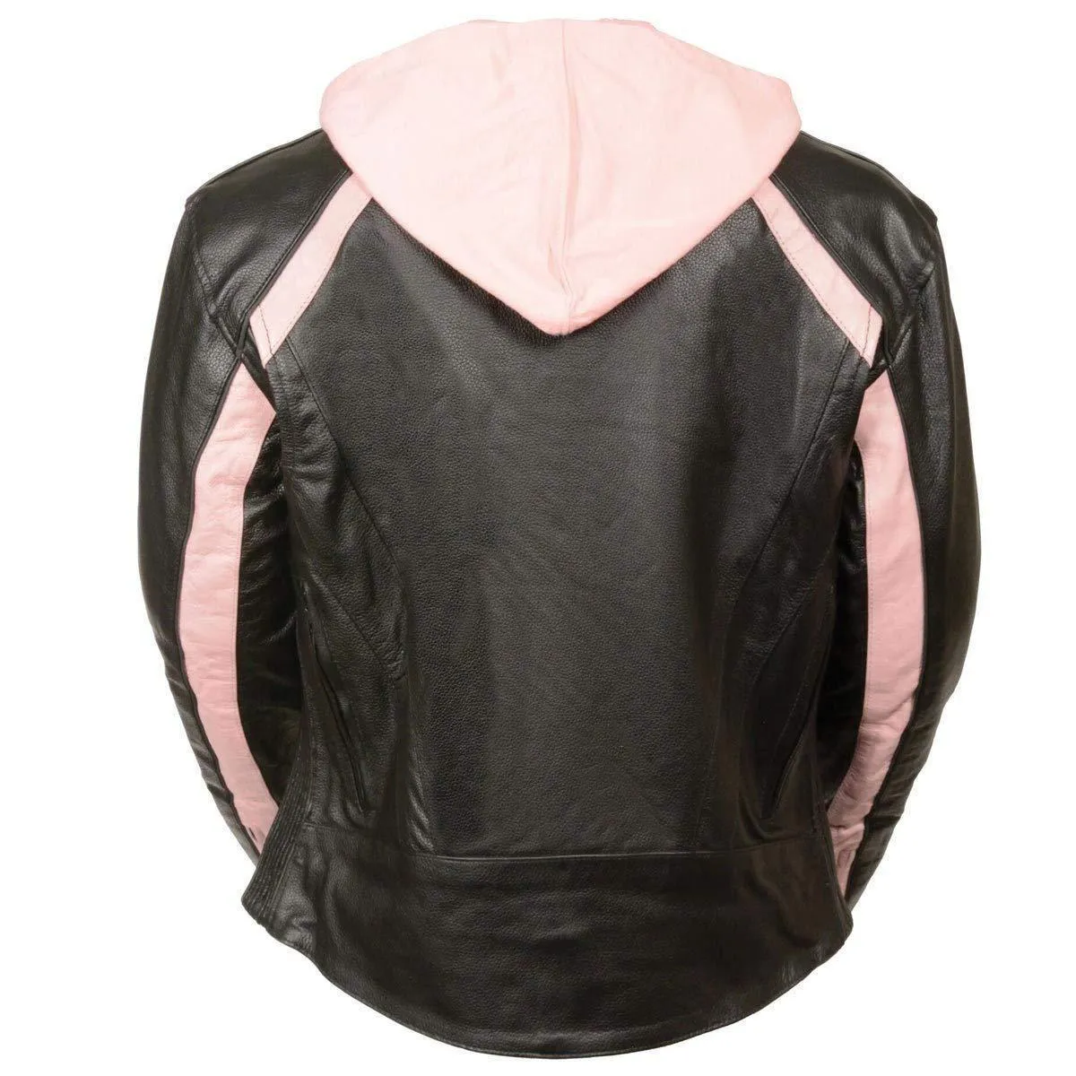 Milwaukee Leather SH1951 Women's Striped Black/Pink Leather Jacket with Zip-Out Hoodie and Gun Pocket