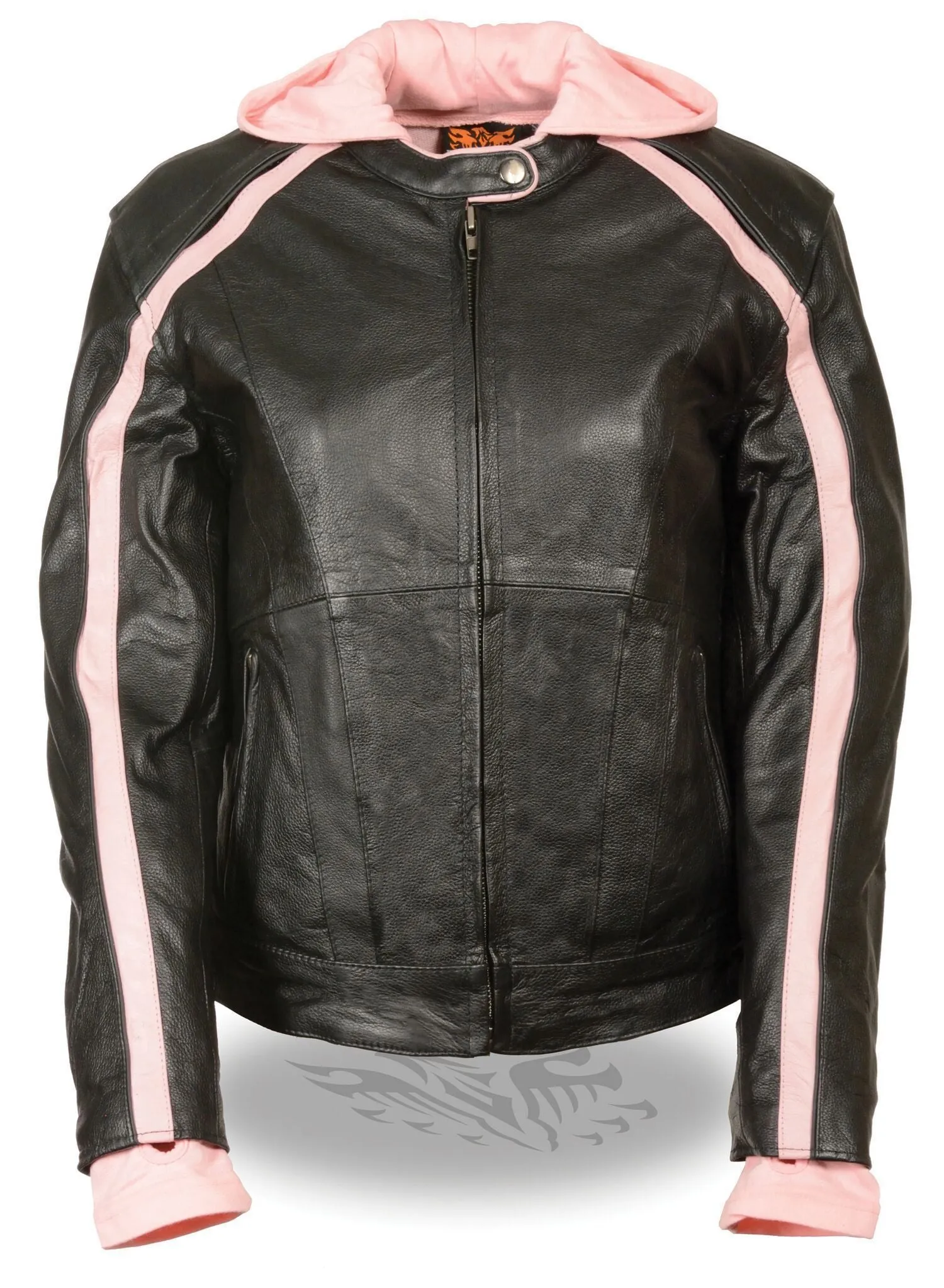 Milwaukee Leather SH1951 Women's Striped Black/Pink Leather Jacket with Zip-Out Hoodie and Gun Pocket