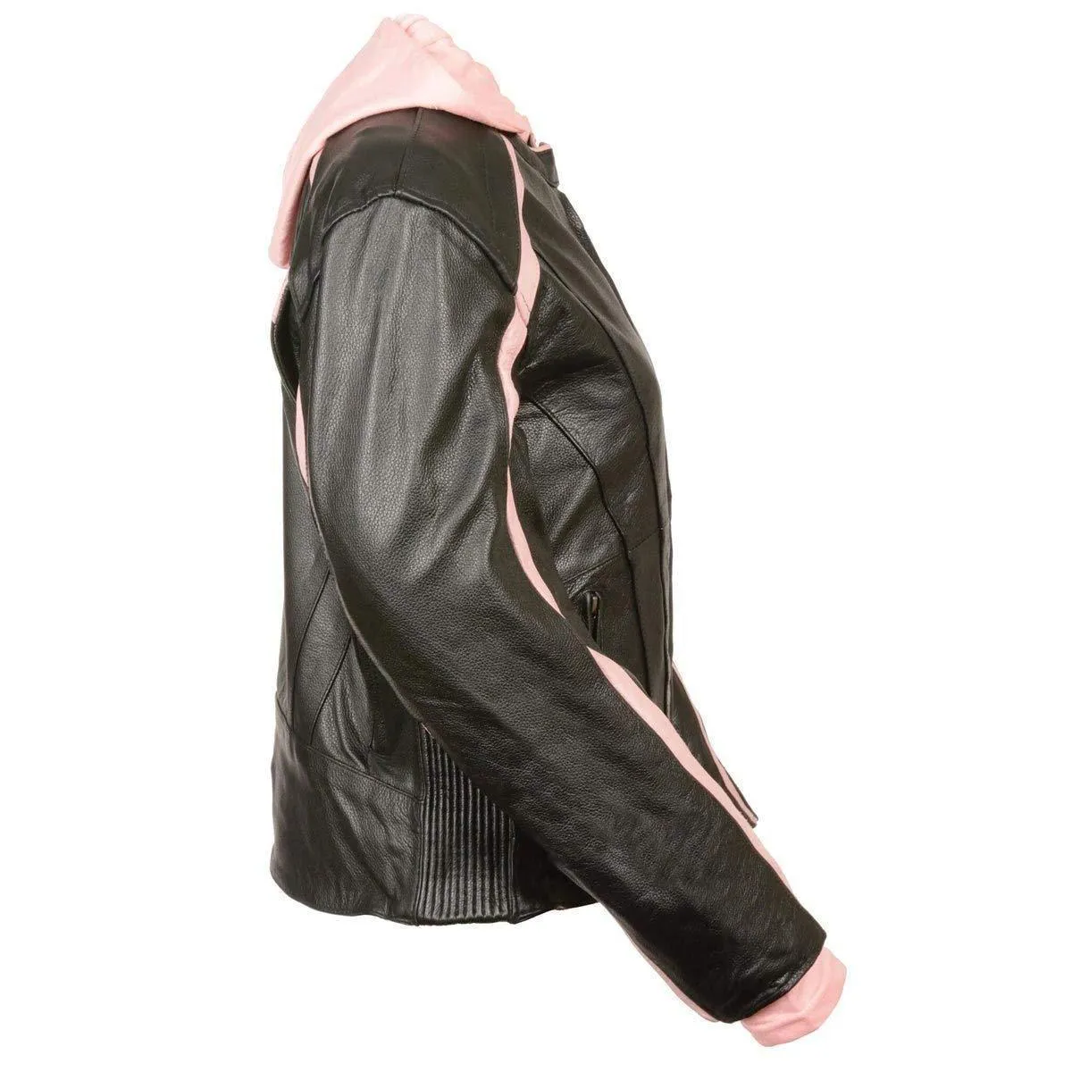 Milwaukee Leather SH1951 Women's Striped Black/Pink Leather Jacket with Zip-Out Hoodie and Gun Pocket