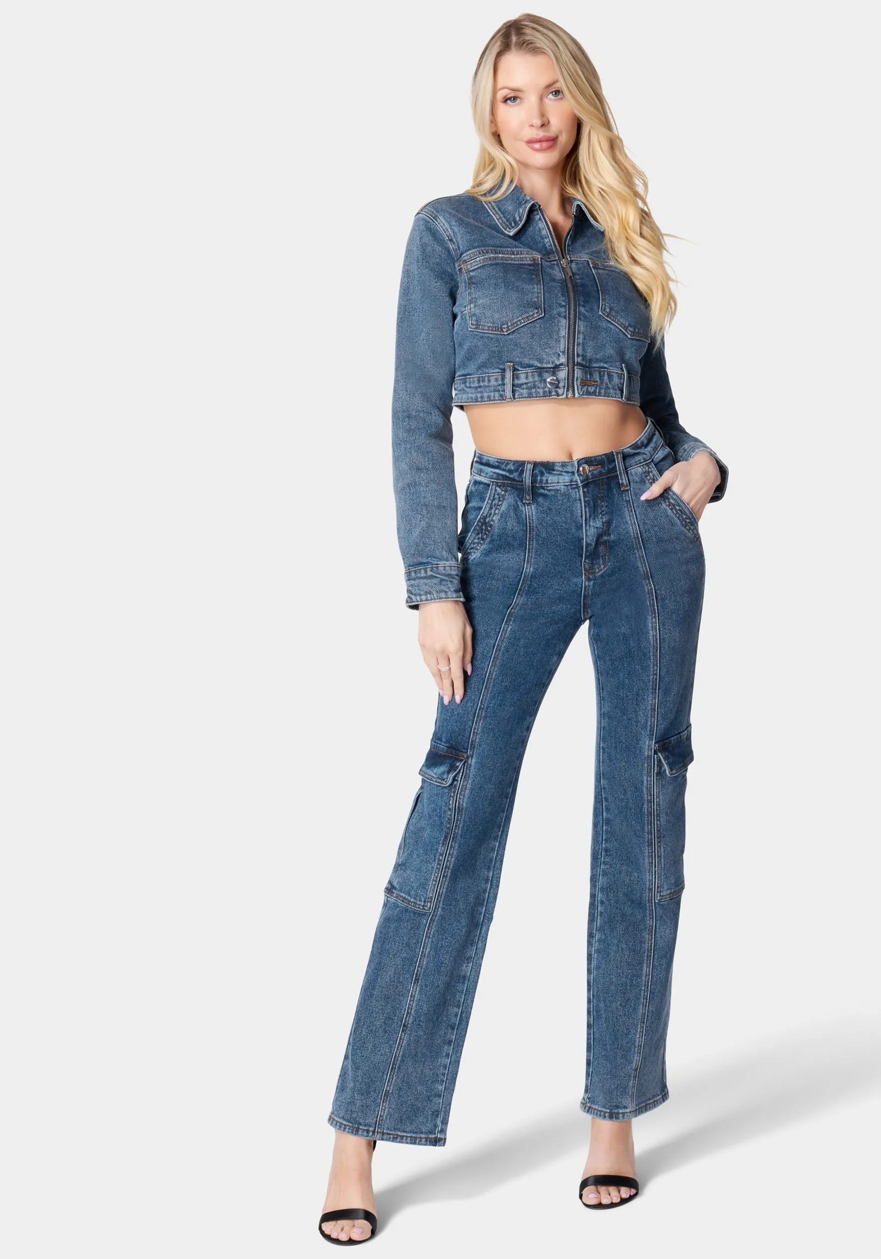 Natural Waist Wide Leg Cargo Denim Jeans