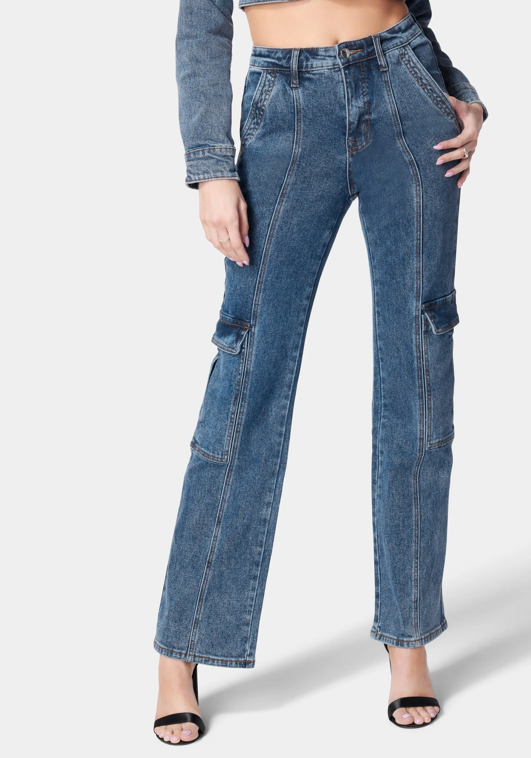 Natural Waist Wide Leg Cargo Denim Jeans