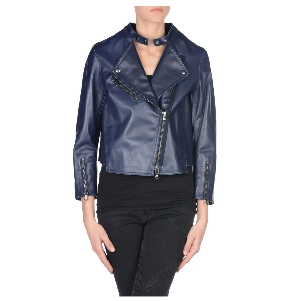 Navy Blue Women Biker Leather Jacket