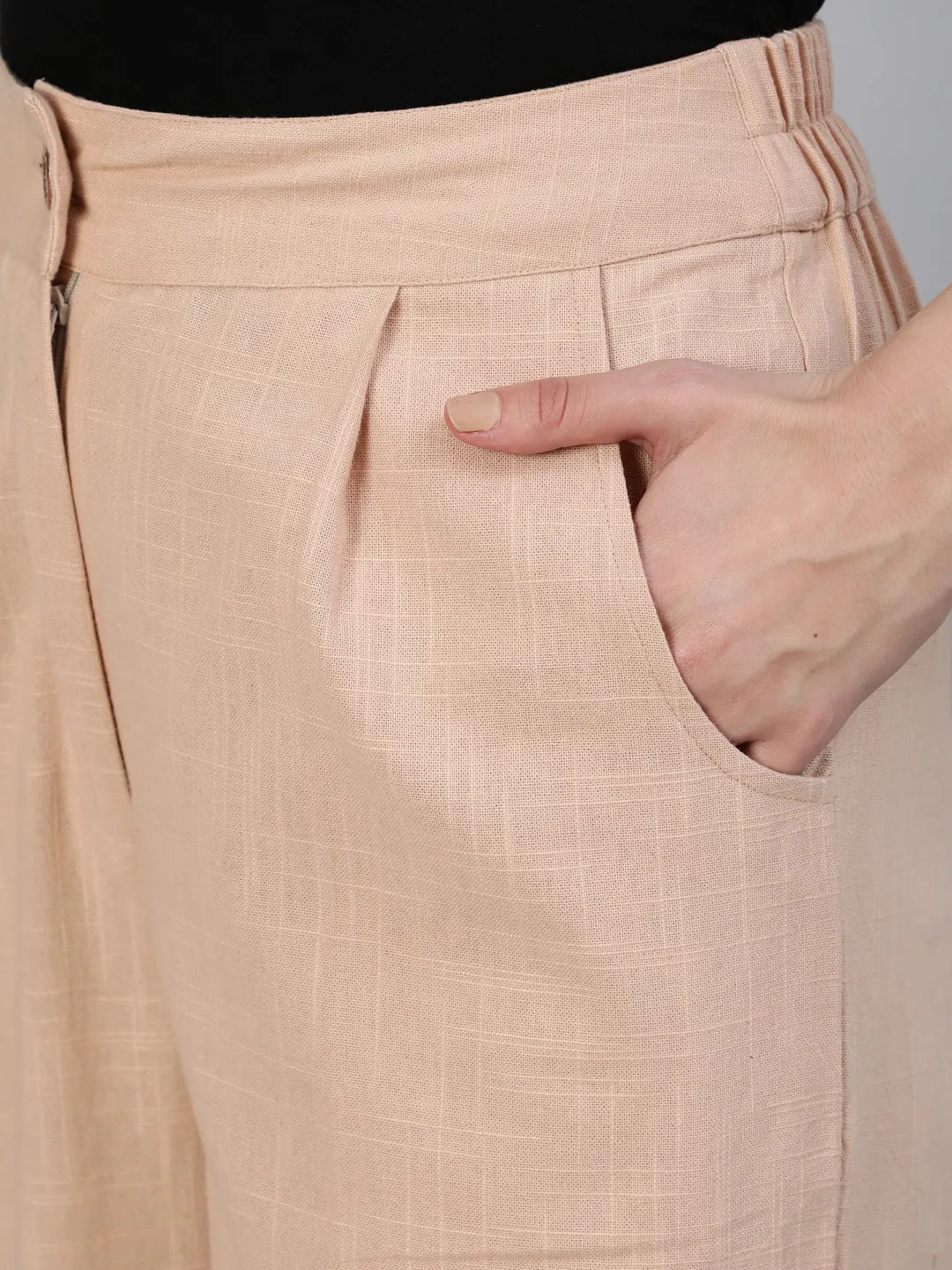 Pink Clay Cotton Slub Straight High Rise Bottom Fold Pants