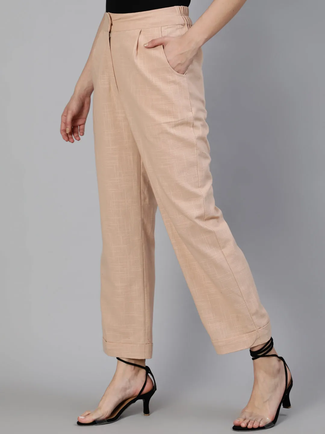 Pink Clay Cotton Slub Straight High Rise Bottom Fold Pants