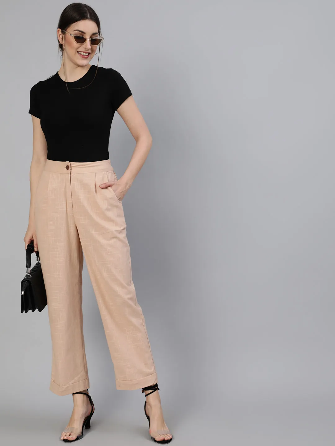 Pink Clay Cotton Slub Straight High Rise Bottom Fold Pants